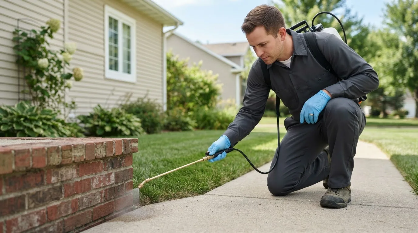 Pest control technician treating a home near Oakville, IA