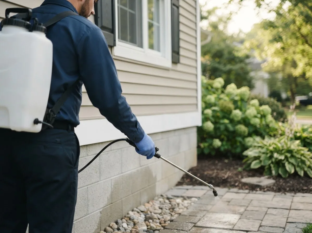 Pest control technician inspecting a home in Oakville, IA